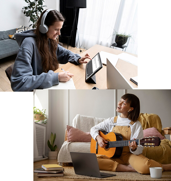 Étudiante étudiant en ligne et professeur jouant de la guitare