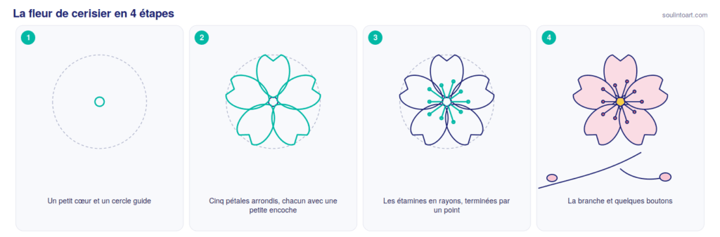 Comment dessiner une fleur de cerisier en 4 étapes : le cœur et le cercle guide, cinq pétales à encoche, les étamines, puis la branche.