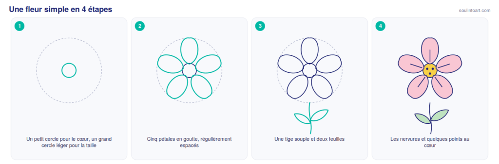 Comment dessiner une fleur simple en 4 étapes : le cœur et le cercle guide, cinq pétales en goutte, la tige et les feuilles, puis les nervures.
