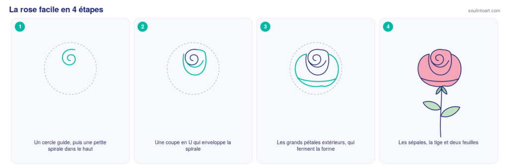 Comment dessiner une rose facile en 4 étapes : un cercle guide et une spirale, une coupe en U, les grands pétales extérieurs, puis les sépales, la tige et les feuilles.